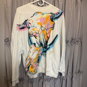 White Crewneck Sweatshirt with Colorful Bull Skull Graphic
